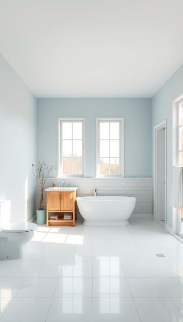 A spacious and well-lit bathroom, featuring a minimalist color scheme of soft, muted tones. The walls are painted in a calming, light blue hue, creating a sense of openness and tranquility. The vanity and cabinetry are a warm, natural wood, adding depth and contrast to the space. Sleek, white tiles cover the floor, reflecting the light and making the room feel larger. Large windows on the back wall flood the space with natural light, casting a gentle glow on the room. The overall atmosphere is one of serenity and elegance, perfect for a small bathroom that aims to feel open and inviting. A spacious and well-lit bathroom, featuring a minimalist color scheme of soft, muted tones. The walls are painted in a calming, light blue hue, creating a sense of openness and tranquility. The vanity and cabinetry are a warm, natural wood, adding depth and contrast to the space. Sleek, white tiles cover the floor, reflecting the light and making the room feel larger. Large windows on the back wall flood the space with natural light, casting a gentle glow on the room. The overall atmosphere is one of serenity and elegance, perfect for a small bathroom that aims to feel open and inviting.