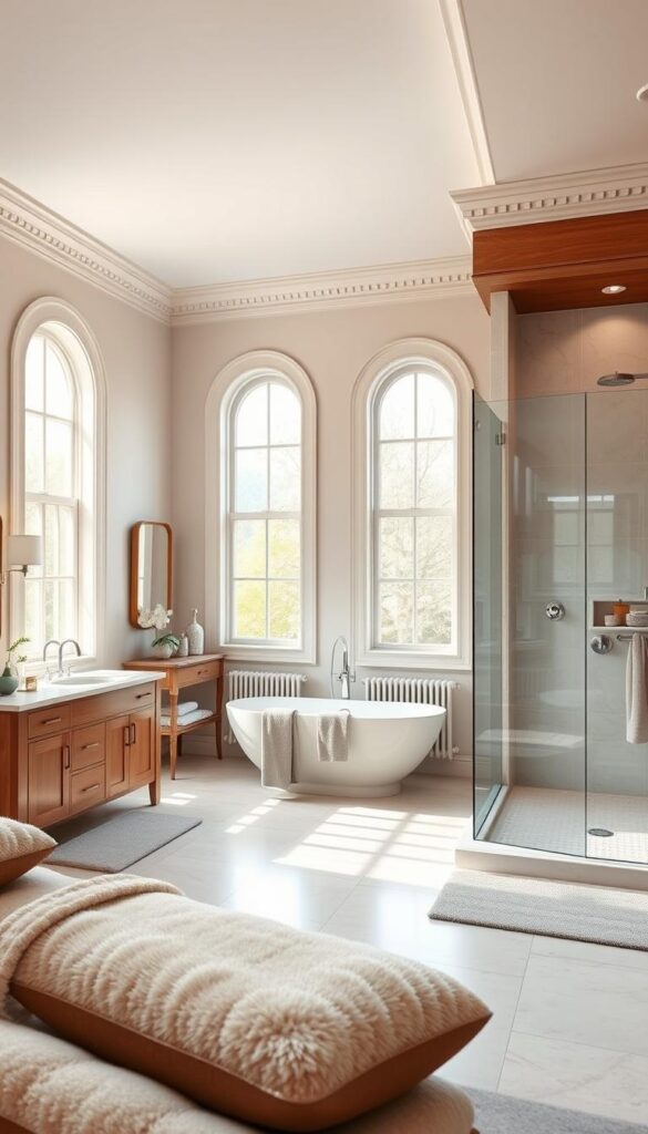 A spacious, well-lit bathroom with natural light streaming in through large windows. The scene depicts a detailed bathroom layout, showcasing various design elements - a modern vanity with sleek fixtures, a freestanding bathtub positioned centrally, and a walk-in shower with a minimalist glass enclosure. The room features clean, neutral tones, with warm wooden accents and plush textiles adding a touch of luxury. Architectural details like high ceilings and decorative moldings create a sense of grandeur. The overall atmosphere is one of tranquility and sophistication, inviting the viewer to envision their perfect bathroom oasis.