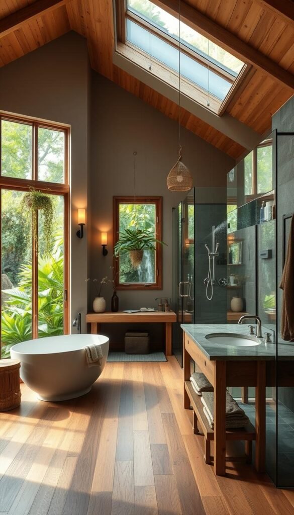 A spacious, well-lit eco-friendly bathroom with natural wood accents and a large window overlooking a lush, verdant garden. The room features a freestanding bathtub, a rustic vanity with a stone countertop, and a walk-in shower with a rainfall showerhead. The floors are covered in sustainably sourced bamboo, and the walls are painted in a calming, earthy tone. Hanging plants and natural fiber accessories create a serene, spa-like ambiance. Soft, diffused lighting from wall sconces and a skylight above accentuate the organic, harmonious atmosphere. The overall design prioritizes sustainability, comfort, and a connection to nature. A spacious, well-lit eco-friendly bathroom with natural wood accents and a large window overlooking a lush, verdant garden. The room features a freestanding bathtub, a rustic vanity with a stone countertop, and a walk-in shower with a rainfall showerhead. The floors are covered in sustainably sourced bamboo, and the walls are painted in a calming, earthy tone. Hanging plants and natural fiber accessories create a serene, spa-like ambiance. Soft, diffused lighting from wall sconces and a skylight above accentuate the organic, harmonious atmosphere. The overall design prioritizes sustainability, comfort, and a connection to nature.