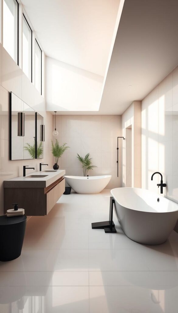 A spacious, well-lit modern bathroom with clean, minimalist lines. Gleaming white tiles cover the floor and walls, accentuated by sleek black fixtures and a freestanding bathtub. Soft, diffused lighting filters in through large windows, casting a warm, serene glow. A floating vanity with a stone countertop and integrated sinks anchors the space, complemented by a large, frameless mirror. Muted tones of gray and beige create a calming, spa-like ambiance, while strategic use of greenery adds a touch of nature. The overall aesthetic is one of understated elegance and tranquility.