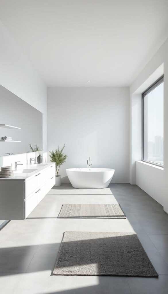 A spacious, well-lit modern minimalist bathroom with a sleek white vanity and floating shelves. A large frameless mirror reflects the natural light streaming through the oversized window, creating a sense of openness and airiness. The floor is covered in large, matte grey tiles, complemented by the muted color palette. A freestanding bathtub takes center stage, surrounded by minimalist chrome fixtures. Subtle textural elements, such as a plush grey rug and a potted plant, add warmth and visual interest to the serene, spa-like atmosphere. A spacious, well-lit modern minimalist bathroom with a sleek white vanity and floating shelves. A large frameless mirror reflects the natural light streaming through the oversized window, creating a sense of openness and airiness. The floor is covered in large, matte grey tiles, complemented by the muted color palette. A freestanding bathtub takes center stage, surrounded by minimalist chrome fixtures. Subtle textural elements, such as a plush grey rug and a potted plant, add warmth and visual interest to the serene, spa-like atmosphere.