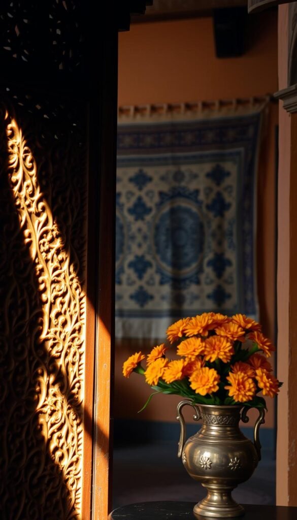 A traditional Indian vintage home, its intricate architectural details illuminated by warm, golden light. In the foreground, a carved wooden screen casts intricate shadows, hinting at the rich cultural heritage. The middle ground features an ornate brass vase filled with vibrant marigolds, a symbol of prosperity. In the background, a hand-woven tapestry adorns the wall, its intricate patterns and muted colors reflecting the regional influences. The overall atmosphere evokes a sense of timeless elegance and cultural depth, capturing the essence of Indian vintage home decor. A traditional Indian vintage home, its intricate architectural details illuminated by warm, golden light. In the foreground, a carved wooden screen casts intricate shadows, hinting at the rich cultural heritage. The middle ground features an ornate brass vase filled with vibrant marigolds, a symbol of prosperity. In the background, a hand-woven tapestry adorns the wall, its intricate patterns and muted colors reflecting the regional influences. The overall atmosphere evokes a sense of timeless elegance and cultural depth, capturing the essence of Indian vintage home decor.