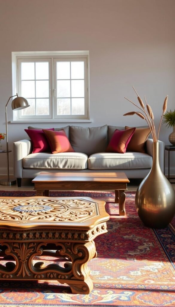 A traditional ethnic design scheme with a modern twist. In the foreground, an ornate, hand-carved wooden coffee table sits atop a vibrant, patterned area rug. Mid-frame, a minimalist sofa in muted tones complements plush, jewel-toned throw pillows. The background features a large window, allowing natural light to stream in and illuminate the space. Eclectic, metallic accents, such as a sleek floor lamp and a stylized vase, add a touch of contemporary flair. The overall atmosphere is one of balance, where timeless cultural elements seamlessly integrate with modern, clean-lined aesthetics. A traditional ethnic design scheme with a modern twist. In the foreground, an ornate, hand-carved wooden coffee table sits atop a vibrant, patterned area rug. Mid-frame, a minimalist sofa in muted tones complements plush, jewel-toned throw pillows. The background features a large window, allowing natural light to stream in and illuminate the space. Eclectic, metallic accents, such as a sleek floor lamp and a stylized vase, add a touch of contemporary flair. The overall atmosphere is one of balance, where timeless cultural elements seamlessly integrate with modern, clean-lined aesthetics.