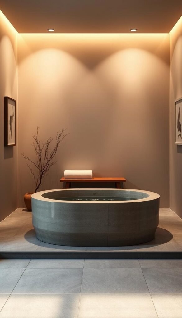A tranquil, Zen-inspired bathroom with an Ofuro soaking tub as the centerpiece. The tub, crafted from natural stone, is set against a backdrop of minimalist, Japanese-inspired decor. Soft, diffused lighting casts a warm glow, creating an atmosphere of serenity and relaxation. The walls are adorned with simple, abstract art pieces, while a wooden bench and a delicate potted plant add touches of natural elegance. The floor is covered in smooth, polished stone tiles, seamlessly blending the indoor and outdoor elements. The overall aesthetic is one of understated sophistication, inviting the user to disconnect and immerse themselves in a moments of pure, meditative calm.