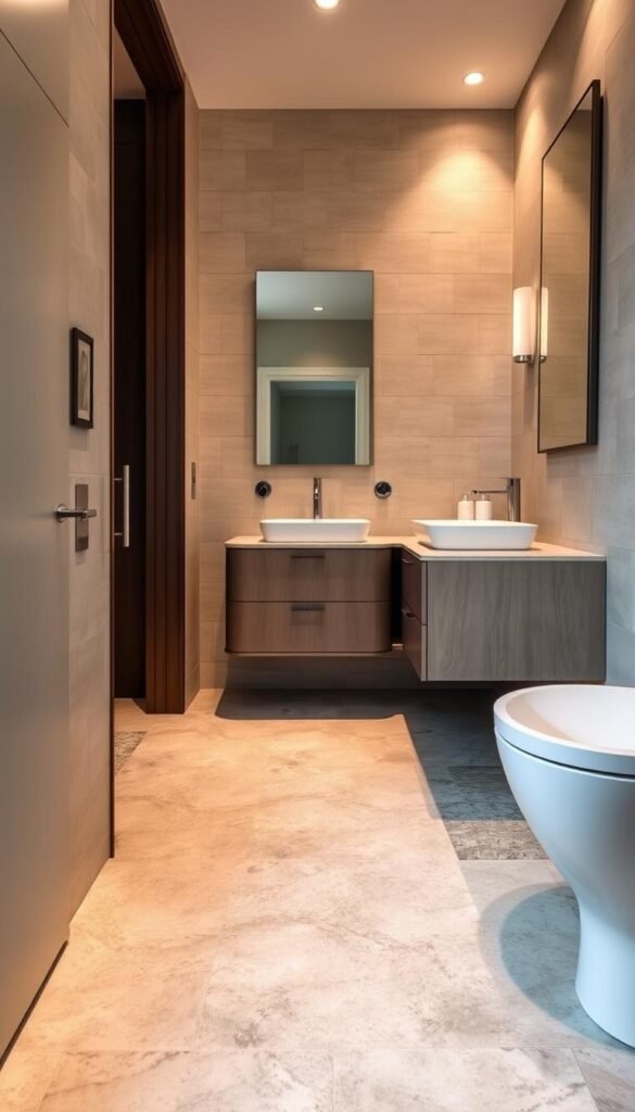 A tranquil and well-designed small bathroom, with elegant tile flooring in a subtle herringbone pattern. The flooring is a mix of neutral-toned natural stone tiles, accentuated by occasional pops of soft blue accents. The room is bathed in warm, diffused lighting, creating a serene and inviting atmosphere. The camera captures the scene from a slightly elevated angle, showcasing the thoughtful layout and the harmonious interplay of textures and colors. Sleek fixtures, minimalist vanity, and a large wall mirror complete the sophisticated yet functional design. A tranquil and well-designed small bathroom, with elegant tile flooring in a subtle herringbone pattern. The flooring is a mix of neutral-toned natural stone tiles, accentuated by occasional pops of soft blue accents. The room is bathed in warm, diffused lighting, creating a serene and inviting atmosphere. The camera captures the scene from a slightly elevated angle, showcasing the thoughtful layout and the harmonious interplay of textures and colors. Sleek fixtures, minimalist vanity, and a large wall mirror complete the sophisticated yet functional design.