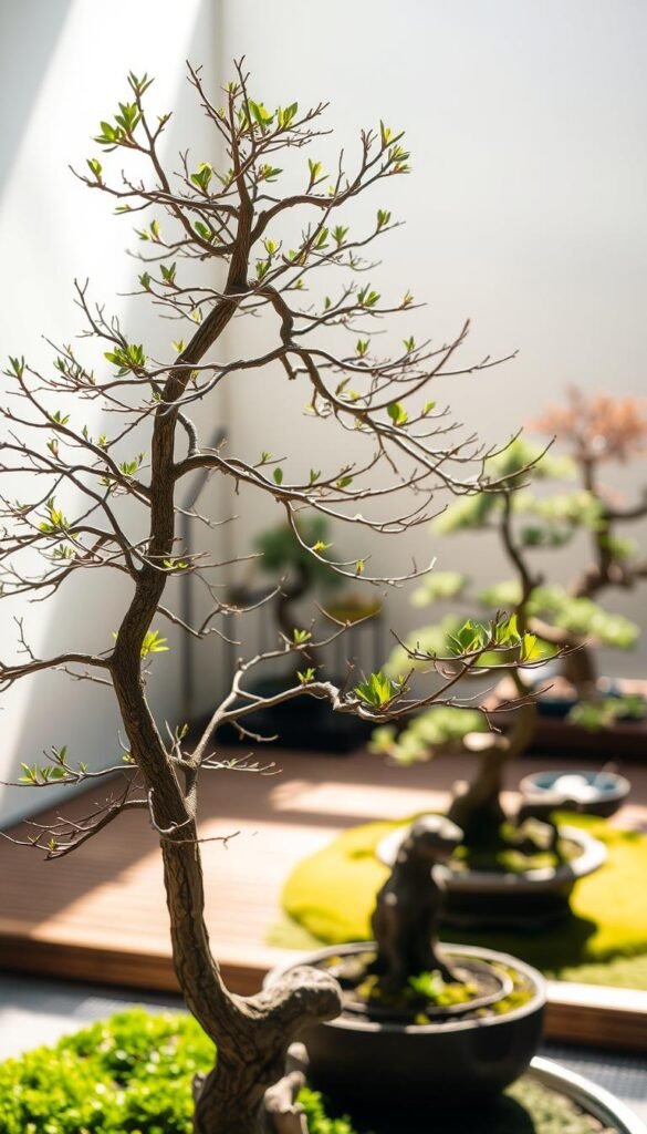A tranquil bonsai garden, bathed in soft natural light. In the foreground, a meticulously pruned and shaped bonsai tree, its intricate branches and delicate foliage captured in intricate detail. The middle ground showcases a serene display of complementary bonsai specimens, their miniature trunks and sculpted forms arranged harmoniously. In the background, a subtle rock garden or moss-covered floor adds depth and a sense of balance to the composition. The overall scene evokes a peaceful, meditative atmosphere, perfectly suited to enhance the Zen-inspired ambiance of a Japanese-style home interior.