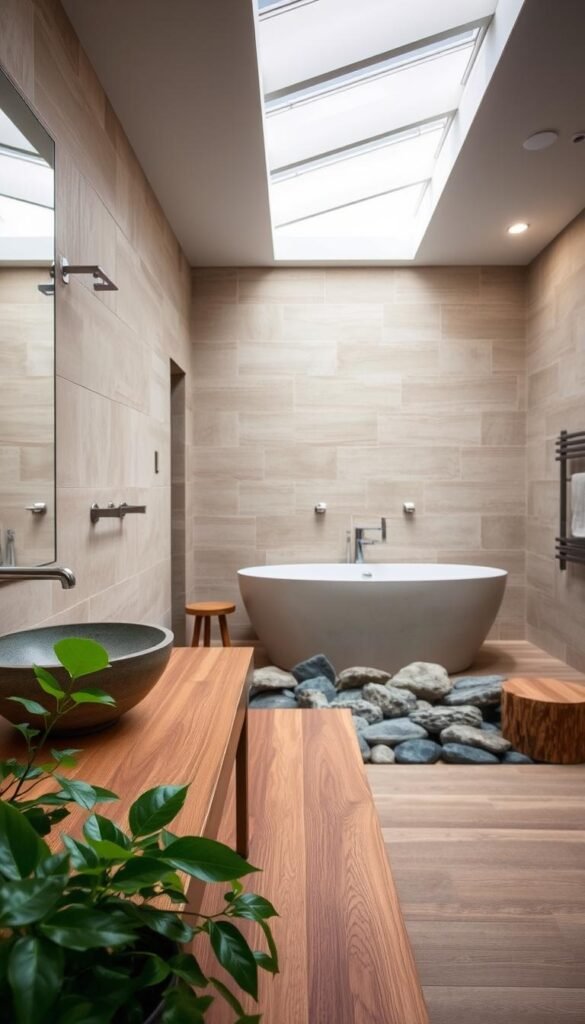 A tranquil, spa-like bathroom scene featuring natural elements. In the foreground, a wooden vanity with a stone basin, accented by lush green foliage. The middle ground showcases a large, freestanding bathtub surrounded by smooth river rocks. In the background, a wall of natural stone tiles creates a serene, earthy ambiance. Gentle, diffused lighting from overhead skylights casts a warm, relaxing glow throughout the space. The overall atmosphere evokes a harmonious fusion of nature and modern design, inspiring a sense of calm and rejuvenation. A tranquil, spa-like bathroom scene featuring natural elements. In the foreground, a wooden vanity with a stone basin, accented by lush green foliage. The middle ground showcases a large, freestanding bathtub surrounded by smooth river rocks. In the background, a wall of natural stone tiles creates a serene, earthy ambiance. Gentle, diffused lighting from overhead skylights casts a warm, relaxing glow throughout the space. The overall atmosphere evokes a harmonious fusion of nature and modern design, inspiring a sense of calm and rejuvenation.