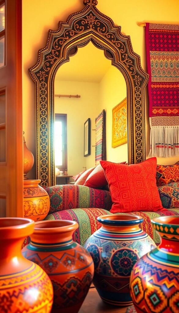 A vibrant Moroccan-inspired DIY home decor scene, bathed in warm, golden light from a window. In the foreground, handcrafted terracotta vases and bowls adorned with intricate, geometric patterns in rich ochre and terracotta hues. In the middle ground, a large, ornate Moroccan-style mirror with an intricate metal frame reflecting the scene. Behind it, an assortment of colorful, patterned textiles, including a vibrant woven rug, plush cushions, and a patterned wall hanging. The overall atmosphere is cozy, inviting, and steeped in the rich cultural heritage of Morocco. A vibrant Moroccan-inspired DIY home decor scene, bathed in warm, golden light from a window. In the foreground, handcrafted terracotta vases and bowls adorned with intricate, geometric patterns in rich ochre and terracotta hues. In the middle ground, a large, ornate Moroccan-style mirror with an intricate metal frame reflecting the scene. Behind it, an assortment of colorful, patterned textiles, including a vibrant woven rug, plush cushions, and a patterned wall hanging. The overall atmosphere is cozy, inviting, and steeped in the rich cultural heritage of Morocco.