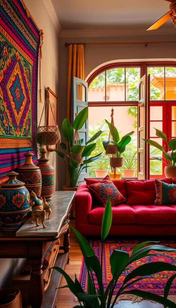 A vibrant and colorful living room, filled with Latin American design elements. In the foreground, a handwoven tapestry in bold hues adorns the wall, complemented by intricate ceramic vases and figurines on a rustic wooden console table. The middle ground features a plush, jewel-toned sofa, accented with embroidered throw pillows and a vibrant, patterned area rug. Lush, tropical plants in macrame hangers add a lush, jungle-inspired touch, while the background showcases a large window overlooking a sun-drenched courtyard, framed by colorful, hand-painted shutters. Warm, golden lighting casts a cozy, inviting glow throughout the space, capturing the essence of Latin American vibrancy and tradition in home decor. A vibrant and colorful living room, filled with Latin American design elements. In the foreground, a handwoven tapestry in bold hues adorns the wall, complemented by intricate ceramic vases and figurines on a rustic wooden console table. The middle ground features a plush, jewel-toned sofa, accented with embroidered throw pillows and a vibrant, patterned area rug. Lush, tropical plants in macrame hangers add a lush, jungle-inspired touch, while the background showcases a large window overlooking a sun-drenched courtyard, framed by colorful, hand-painted shutters. Warm, golden lighting casts a cozy, inviting glow throughout the space, capturing the essence of Latin American vibrancy and tradition in home decor.