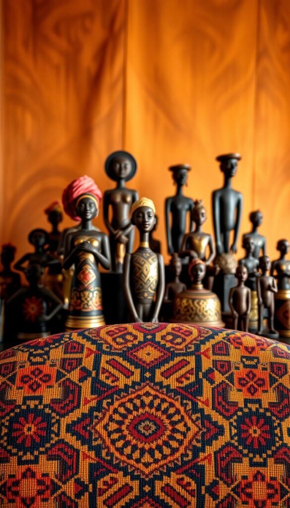 A vibrant and intricate composition depicting the essence of African design elements. In the foreground, a tapestry of bold, geometric patterns in earthy tones adorns the central focus, showcasing the textural richness and artistry of traditional African textiles. The middle ground features a collection of artfully arranged African-inspired sculptures and figurines, each with a unique and expressive character. The background blends seamlessly, with a warm, softly-lit environment that evokes the natural beauty and cultural heritage of the African continent. The overall scene radiates a sense of harmony, sophistication, and a deep appreciation for the artistic legacy of Africa. A vibrant and intricate composition depicting the essence of African design elements. In the foreground, a tapestry of bold, geometric patterns in earthy tones adorns the central focus, showcasing the textural richness and artistry of traditional African textiles. The middle ground features a collection of artfully arranged African-inspired sculptures and figurines, each with a unique and expressive character. The background blends seamlessly, with a warm, softly-lit environment that evokes the natural beauty and cultural heritage of the African continent. The overall scene radiates a sense of harmony, sophistication, and a deep appreciation for the artistic legacy of Africa.
