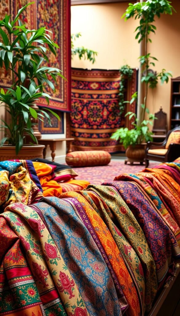 A vibrant and intricate display of traditional Indian textiles, showcasing the rich cultural heritage and skilled craftsmanship. In the foreground, an array of colorful fabrics, from delicate silks to intricate brocades, adorned with intricate patterns and motifs inspired by nature, mythology, and the vibrant tapestry of Indian life. The middle ground features skillfully woven carpets and tapestries, their intricate designs and vivid hues creating a captivating visual symphony. In the background, a warm, softly lit setting, with hints of antique wooden furniture and lush, verdant greenery, lending an air of timeless elegance and tranquility. The overall composition evokes a sense of timeless beauty, inviting the viewer to explore the stories and traditions woven into the very fabric of these exquisite Indian textiles. A vibrant and intricate display of traditional Indian textiles, showcasing the rich cultural heritage and skilled craftsmanship. In the foreground, an array of colorful fabrics, from delicate silks to intricate brocades, adorned with intricate patterns and motifs inspired by nature, mythology, and the vibrant tapestry of Indian life. The middle ground features skillfully woven carpets and tapestries, their intricate designs and vivid hues creating a captivating visual symphony. In the background, a warm, softly lit setting, with hints of antique wooden furniture and lush, verdant greenery, lending an air of timeless elegance and tranquility. The overall composition evokes a sense of timeless beauty, inviting the viewer to explore the stories and traditions woven into the very fabric of these exquisite Indian textiles.