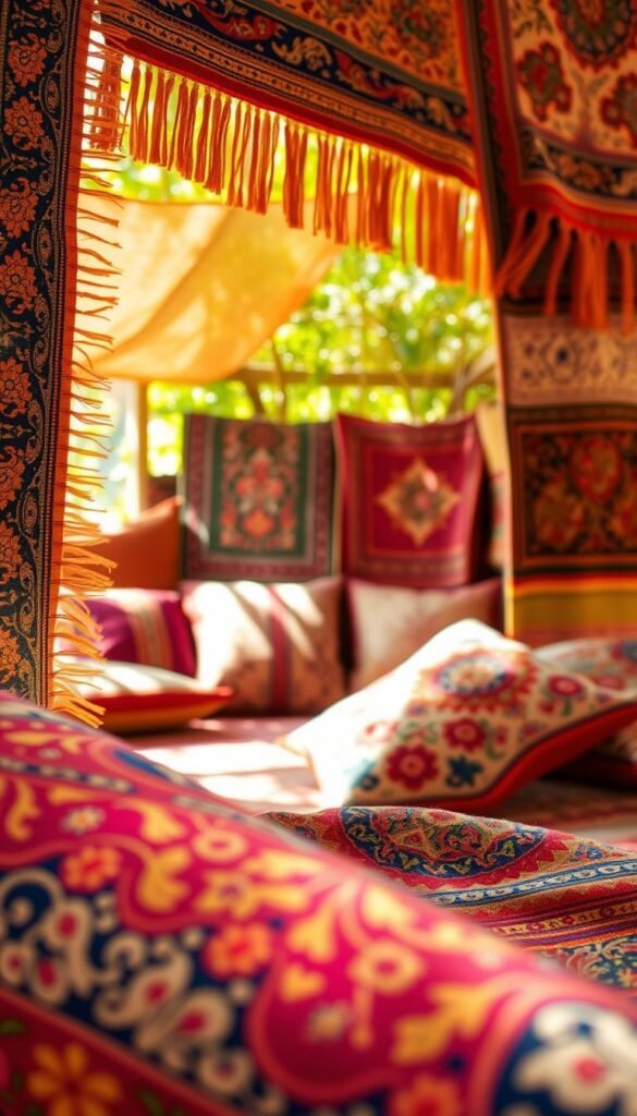 A vibrant and intricate tapestry, showcasing the rich cultural heritage of ethnic textiles. In the foreground, a captivating array of patterns and textures, woven with threads of gold, indigo, and vermilion. Delicate floral motifs and geometric designs dance across the fabric, each stitch a testament to the skilled hands of artisans. In the middle ground, a selection of handcrafted cushions, throws, and rugs, their colors and motifs complementing one another in a harmonious symphony. The background reveals a serene, sun-dappled space, where the textiles are artfully displayed, casting a warm, inviting glow. Lighting is soft and diffused, highlighting the depth and nuance of the textiles. The camera angle is slightly elevated, allowing the viewer to appreciate the intricate details and the overall visual impact of these cultural treasures. A vibrant and intricate tapestry, showcasing the rich cultural heritage of ethnic textiles. In the foreground, a captivating array of patterns and textures, woven with threads of gold, indigo, and vermilion. Delicate floral motifs and geometric designs dance across the fabric, each stitch a testament to the skilled hands of artisans. In the middle ground, a selection of handcrafted cushions, throws, and rugs, their colors and motifs complementing one another in a harmonious symphony. The background reveals a serene, sun-dappled space, where the textiles are artfully displayed, casting a warm, inviting glow. Lighting is soft and diffused, highlighting the depth and nuance of the textiles. The camera angle is slightly elevated, allowing the viewer to appreciate the intricate details and the overall visual impact of these cultural treasures.