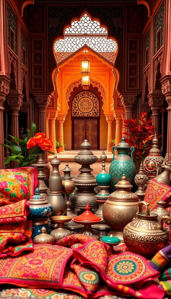 A vibrant and ornate arrangement of traditional Indian color palettes, showcasing the rich cultural heritage and artistry of the subcontinent. In the foreground, a striking display of vivid textiles, intricate patterns, and bold hues, including deep reds, vibrant oranges, lush greens, and shimmering golds. In the middle ground, an array of handcrafted ceramics, metalwork, and carved wooden accents, each piece reflecting the skilled craftsmanship of local artisans. The background features a serene, yet dynamic, backdrop of architectural elements inspired by Indian design, with ornate archways, detailed latticework, and a warm, diffused lighting that creates a sense of timeless elegance. The overall composition celebrates the vibrant and captivating color palettes that are integral to the rich tapestry of Indian home decor. A vibrant and ornate arrangement of traditional Indian color palettes, showcasing the rich cultural heritage and artistry of the subcontinent. In the foreground, a striking display of vivid textiles, intricate patterns, and bold hues, including deep reds, vibrant oranges, lush greens, and shimmering golds. In the middle ground, an array of handcrafted ceramics, metalwork, and carved wooden accents, each piece reflecting the skilled craftsmanship of local artisans. The background features a serene, yet dynamic, backdrop of architectural elements inspired by Indian design, with ornate archways, detailed latticework, and a warm, diffused lighting that creates a sense of timeless elegance. The overall composition celebrates the vibrant and captivating color palettes that are integral to the rich tapestry of Indian home decor.