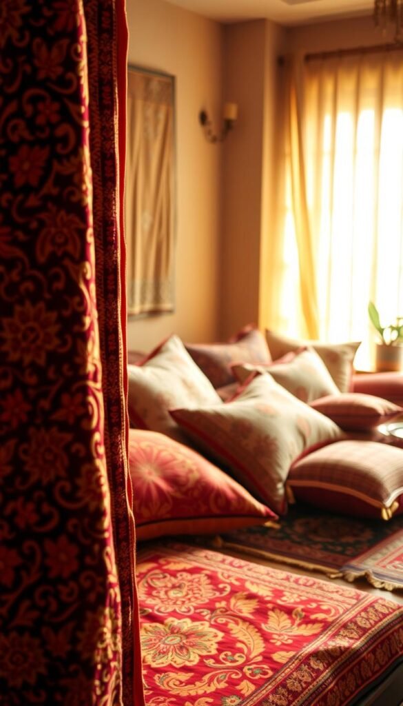 A vibrant and ornate display of traditional Indian home decor textiles. In the foreground, a richly patterned and intricately embroidered textile, perhaps a tapestry or wall hanging, with intricate floral and geometric motifs in a warm color palette of reds, oranges, and golds. In the middle ground, an assortment of plush cushions and throws, each with its own unique textile design, textures, and hues, evoking the rich cultural heritage of India. The background features a softly-lit, earthy-toned room setting, with natural light filtering in and casting a warm glow on the textiles, creating a cozy and inviting atmosphere. The overall scene captures the essence of authentic, traditional Indian home decor, showcasing the vibrant and intricate textile craftsmanship that is a hallmark of this timeless design aesthetic. A vibrant and ornate display of traditional Indian home decor textiles. In the foreground, a richly patterned and intricately embroidered textile, perhaps a tapestry or wall hanging, with intricate floral and geometric motifs in a warm color palette of reds, oranges, and golds. In the middle ground, an assortment of plush cushions and throws, each with its own unique textile design, textures, and hues, evoking the rich cultural heritage of India. The background features a softly-lit, earthy-toned room setting, with natural light filtering in and casting a warm glow on the textiles, creating a cozy and inviting atmosphere. The overall scene captures the essence of authentic, traditional Indian home decor, showcasing the vibrant and intricate textile craftsmanship that is a hallmark of this timeless design aesthetic.