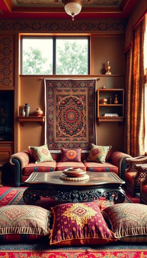 A vibrant and richly decorated Indian-inspired living room with intricate patterns, warm colors, and traditional craftsmanship. The foreground features an ornate, hand-carved wooden coffee table surrounded by plush, jewel-toned floor cushions. The middle ground showcases a striking, embroidered tapestry hung on the wall, complemented by intricately carved wooden shelves displaying decorative elements like brass figurines and ceramic vases. The background depicts large windows that flood the space with natural light, framed by sheer, patterned curtains. The overall atmosphere is one of elegance, cultural heritage, and a harmonious blend of modern and traditional design elements. A vibrant and richly decorated Indian-inspired living room with intricate patterns, warm colors, and traditional craftsmanship. The foreground features an ornate, hand-carved wooden coffee table surrounded by plush, jewel-toned floor cushions. The middle ground showcases a striking, embroidered tapestry hung on the wall, complemented by intricately carved wooden shelves displaying decorative elements like brass figurines and ceramic vases. The background depicts large windows that flood the space with natural light, framed by sheer, patterned curtains. The overall atmosphere is one of elegance, cultural heritage, and a harmonious blend of modern and traditional design elements.