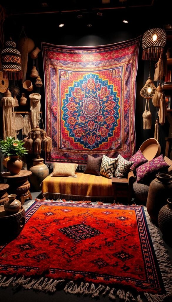A vibrant and visually striking arrangement of ethnic home decor elements, featuring a harmonious blend of textures, patterns, and colors from diverse global influences. In the foreground, a plush Moroccan-style rug in warm hues anchors the space, surrounded by carved wooden side tables and intricate ceramics. In the middle ground, a large, intricately woven tapestry in vivid shades of indigo and ochre dominates the wall, casting a soft, ambient glow. In the background, a collection of handcrafted baskets, macrame wall hangings, and ornate lanterns create an immersive, global ambiance. Dramatic lighting casts dramatic shadows, enhancing the depth and richness of the scene. The overall effect is a harmonious, multicultural haven that seamlessly blends traditional and modern elements. A vibrant and visually striking arrangement of ethnic home decor elements, featuring a harmonious blend of textures, patterns, and colors from diverse global influences. In the foreground, a plush Moroccan-style rug in warm hues anchors the space, surrounded by carved wooden side tables and intricate ceramics. In the middle ground, a large, intricately woven tapestry in vivid shades of indigo and ochre dominates the wall, casting a soft, ambient glow. In the background, a collection of handcrafted baskets, macrame wall hangings, and ornate lanterns create an immersive, global ambiance. Dramatic lighting casts dramatic shadows, enhancing the depth and richness of the scene. The overall effect is a harmonious, multicultural haven that seamlessly blends traditional and modern elements.