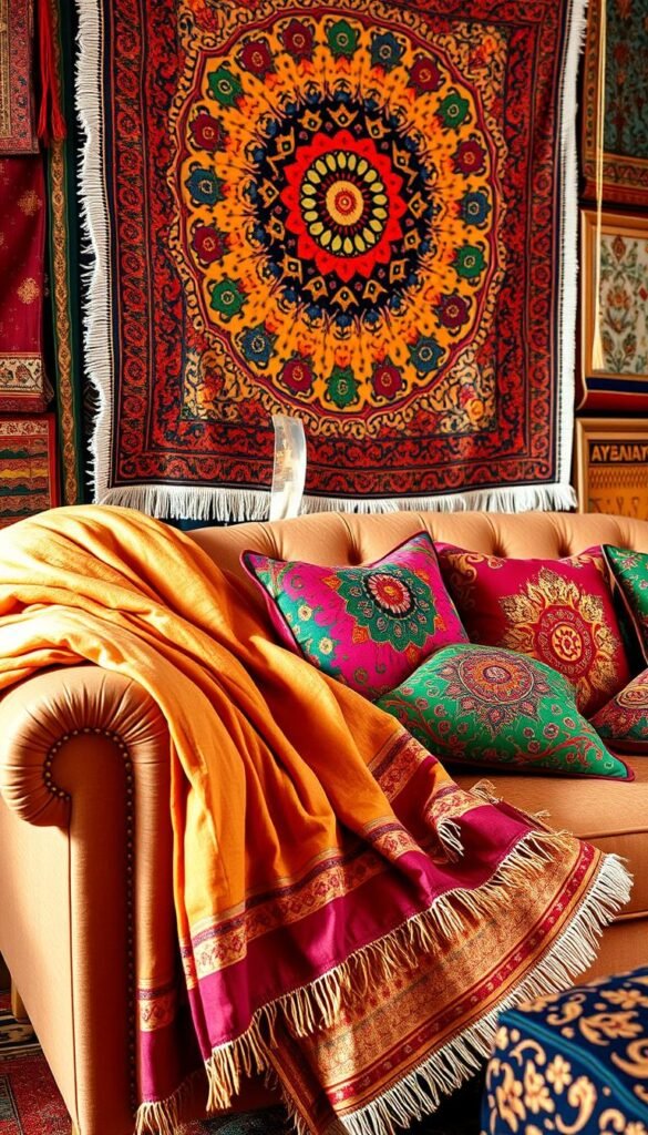 A vibrant array of Desi textiles, adorned with intricate patterns and rich hues, fills the frame. In the foreground, a soft, handwoven throw blanket in shades of ochre and crimson cascades across a plush, tufted sofa. Delicate embroidered cushions in jewel-toned shades of emerald and sapphire are artfully arranged, their intricate designs casting subtle shadows. In the middle ground, a vibrant, handprinted tapestry in a kaleidoscope of colors hangs on the wall, its bold motifs and textures accentuated by warm, directional lighting. The background features a selection of traditional Desi floor coverings, their intricate patterns and muted hues blending seamlessly to create a cohesive, immersive textile-centric scene, evoking the rich heritage and soulful elegance of Desi design.