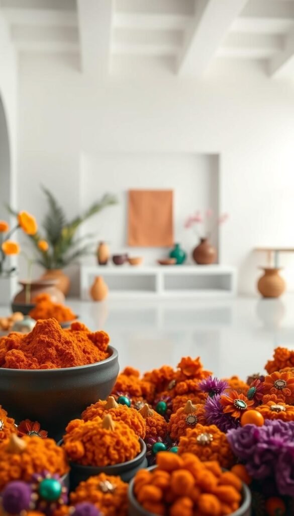 A vibrant array of Indian color palettes in a modern, minimalist setting. Foreground features a curated collection of spice-inspired hues - warm ochres, earthy terracottas, rich saffrons, and vibrant marigolds. Midground showcases jewel-toned accents - deep emeralds, royal amethysts, and shimmering peacock blues. Background renders a serene, whitewashed space with soft, diffused natural lighting. The overall atmosphere evokes a sense of contemporary elegance, cultural heritage, and timeless beauty. A vibrant array of Indian color palettes in a modern, minimalist setting. Foreground features a curated collection of spice-inspired hues - warm ochres, earthy terracottas, rich saffrons, and vibrant marigolds. Midground showcases jewel-toned accents - deep emeralds, royal amethysts, and shimmering peacock blues. Background renders a serene, whitewashed space with soft, diffused natural lighting. The overall atmosphere evokes a sense of contemporary elegance, cultural heritage, and timeless beauty.