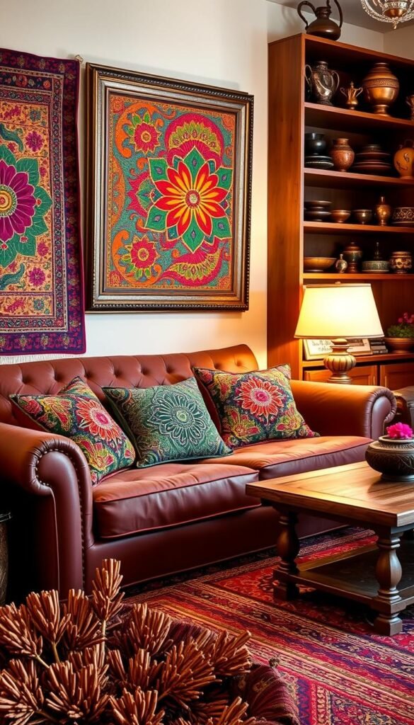 A vibrant array of traditional Indian textiles and ornaments adorns a cozy Desi living space. In the foreground, a plush, handwoven rug in a rich, earthy palette anchors the scene. Intricately patterned throw pillows in jewel-toned hues of ruby, sapphire, and emerald dot a comfortable, tufted sofa. Hanging on the walls, intricate tapestries and framed Madhubani paintings burst with energetic floral motifs and geometric designs. Casting a warm glow, antique brass lamps illuminate the space, complementing the weathered wooden furniture. In the background, a wooden bookshelf displays colorful pottery, brass trinkets, and other curated Desi decor items. The overall atmosphere evokes a sense of timeless cultural heritage and modern, bohemian elegance.