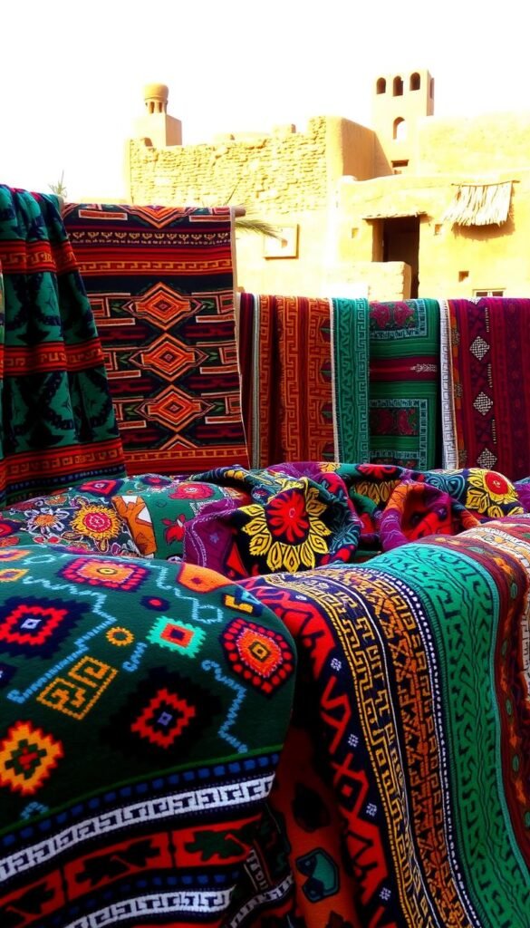 A vibrant collection of African textiles, featuring intricate patterns and bold colors that captivate the senses. In the foreground, a stunning array of woven fabrics, adorned with geometric designs, tribal motifs, and organic shapes that dance across the material. The middle ground showcases a variety of textile techniques, from the rich, textured tapestries to the delicate, shimmering fabrics that catch the warm, natural light. In the background, a glimpse of traditional African architecture, with its earthy tones and distinctive architectural elements, provides a cultural backdrop that grounds the textiles in their ancestral context. The overall mood is one of cultural richness, artistic expression, and a celebration of the enduring legacy of African textile art. A vibrant collection of African textiles, featuring intricate patterns and bold colors that captivate the senses. In the foreground, a stunning array of woven fabrics, adorned with geometric designs, tribal motifs, and organic shapes that dance across the material. The middle ground showcases a variety of textile techniques, from the rich, textured tapestries to the delicate, shimmering fabrics that catch the warm, natural light. In the background, a glimpse of traditional African architecture, with its earthy tones and distinctive architectural elements, provides a cultural backdrop that grounds the textiles in their ancestral context. The overall mood is one of cultural richness, artistic expression, and a celebration of the enduring legacy of African textile art.