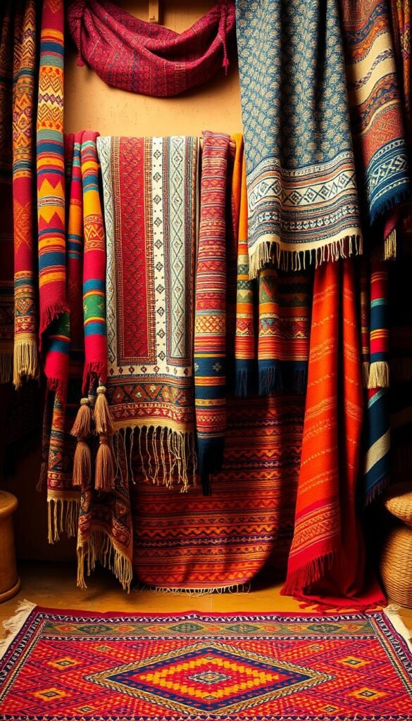A vibrant collection of Latin American textiles, draped elegantly across a warm, rustic setting. Intricate geometric patterns in rich, earthy hues - ochre, indigo, crimson - intertwine to create a tapestry of cultural heritage. Soft, diffused lighting casts a golden glow, highlighting the subtle textures and hand-woven details. In the foreground, a vibrant woven rug anchors the scene, its vibrant colors mirrored in the array of textiles cascading from weathered wooden shelves. A sense of cultural richness and artistic expression permeates the atmosphere, inviting the viewer to immerse themselves in the vibrant tapestry of Latin American design. A vibrant collection of Latin American textiles, draped elegantly across a warm, rustic setting. Intricate geometric patterns in rich, earthy hues - ochre, indigo, crimson - intertwine to create a tapestry of cultural heritage. Soft, diffused lighting casts a golden glow, highlighting the subtle textures and hand-woven details. In the foreground, a vibrant woven rug anchors the scene, its vibrant colors mirrored in the array of textiles cascading from weathered wooden shelves. A sense of cultural richness and artistic expression permeates the atmosphere, inviting the viewer to immerse themselves in the vibrant tapestry of Latin American design.