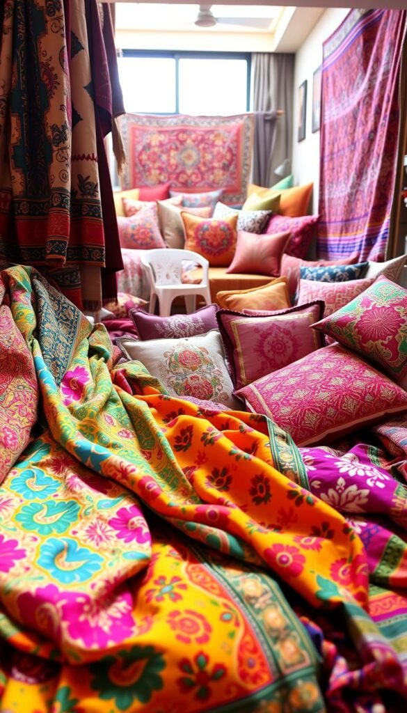 A vibrant collection of traditional Indian textiles, showcasing the rich cultural heritage and intricate craftsmanship. In the foreground, a kaleidoscope of ornate fabrics, including intricately woven silk saris, vibrant cotton block prints, and delicate embroidered shawls. The middle ground features an array of handcrafted cushions, throws, and tapestries, each with its own unique pattern and palette. The background is filled with a softly lit, cozy interior, hinting at the warm and inviting atmosphere of a contemporary Indian home. The lighting is natural, casting a warm glow and highlighting the textural qualities of the fabrics. The camera angle is slightly elevated, providing a comprehensive view of the textiles and their harmonious integration within the modern decor. A vibrant collection of traditional Indian textiles, showcasing the rich cultural heritage and intricate craftsmanship. In the foreground, a kaleidoscope of ornate fabrics, including intricately woven silk saris, vibrant cotton block prints, and delicate embroidered shawls. The middle ground features an array of handcrafted cushions, throws, and tapestries, each with its own unique pattern and palette. The background is filled with a softly lit, cozy interior, hinting at the warm and inviting atmosphere of a contemporary Indian home. The lighting is natural, casting a warm glow and highlighting the textural qualities of the fabrics. The camera angle is slightly elevated, providing a comprehensive view of the textiles and their harmonious integration within the modern decor.