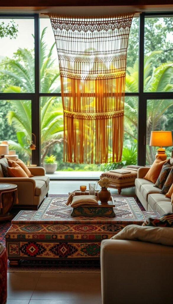 A vibrant, culturally-rich living room showcasing the essence of global home decor. In the foreground, an ornate, handcrafted coffee table adorned with intricate patterns and textures from diverse regions. Surrounding it, plush, earthy-toned sofas with woven textile accents and decorative pillows. The middle ground features a large, wall-mounted macrame tapestry in warm hues, casting a cozy glow. In the background, floor-to-ceiling windows frame a lush, verdant outdoor landscape, creating a harmonious blend of indoor and outdoor elements. Soft, diffused lighting illuminates the space, evoking a serene, welcoming atmosphere that celebrates the beauty of global design. A vibrant, culturally-rich living room showcasing the essence of global home decor. In the foreground, an ornate, handcrafted coffee table adorned with intricate patterns and textures from diverse regions. Surrounding it, plush, earthy-toned sofas with woven textile accents and decorative pillows. The middle ground features a large, wall-mounted macrame tapestry in warm hues, casting a cozy glow. In the background, floor-to-ceiling windows frame a lush, verdant outdoor landscape, creating a harmonious blend of indoor and outdoor elements. Soft, diffused lighting illuminates the space, evoking a serene, welcoming atmosphere that celebrates the beauty of global design.