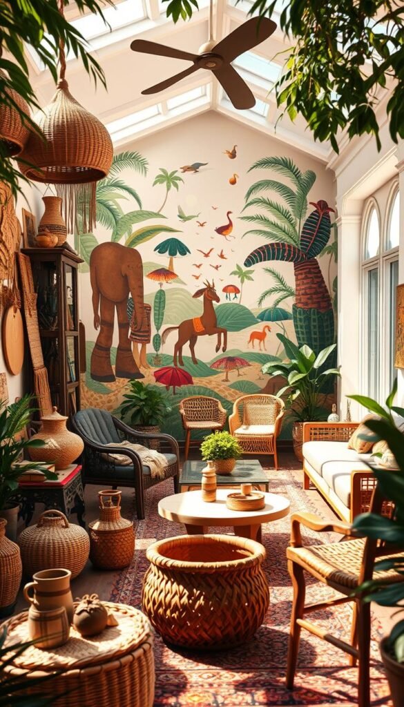 A vibrant journey through the evolution of Afrohemian decor, captured in a lush, sun-drenched scene. In the foreground, a curated collection of handcrafted textiles, woven baskets, and intricate wood carvings in warm, earthy tones, reflecting the rich cultural heritage. The middle ground showcases a harmonious blend of traditional and modern furnishings, from ornate carved chairs to sleek midcentury-inspired tables, all infused with a vibrant, eclectic spirit. In the background, a mural-like wall mural depicts the diverse influences that have shaped Afrohemian style over time, with bold patterns, vibrant colors, and symbolic imagery. The scene is bathed in soft, natural light, creating a welcoming, cozy atmosphere that celebrates the evolution of this distinctive design aesthetic. A vibrant journey through the evolution of Afrohemian decor, captured in a lush, sun-drenched scene. In the foreground, a curated collection of handcrafted textiles, woven baskets, and intricate wood carvings in warm, earthy tones, reflecting the rich cultural heritage. The middle ground showcases a harmonious blend of traditional and modern furnishings, from ornate carved chairs to sleek midcentury-inspired tables, all infused with a vibrant, eclectic spirit. In the background, a mural-like wall mural depicts the diverse influences that have shaped Afrohemian style over time, with bold patterns, vibrant colors, and symbolic imagery. The scene is bathed in soft, natural light, creating a welcoming, cozy atmosphere that celebrates the evolution of this distinctive design aesthetic.