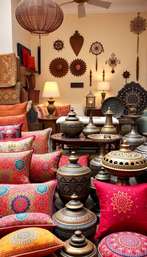 A vibrant online marketplace showcasing an eclectic array of authentic Desi home decor items. In the foreground, an array of intricately designed throw pillows, colorful Indian textiles, and handcrafted pottery pieces are artfully displayed against a backdrop of warm, earthy tones. The middle ground features a selection of ornate brass lamps, carved wooden serving trays, and intricate metal wall hangings, all infused with traditional Desi motifs and patterns. The background reveals a softly lit, minimalist setting with clean-lined furniture and neutral walls, allowing the vibrant Desi accents to take center stage. The overall scene conveys a sense of cultural richness, craftsmanship, and a cozy, inviting atmosphere, perfect for showcasing the beauty and diversity of Desi home decor.
