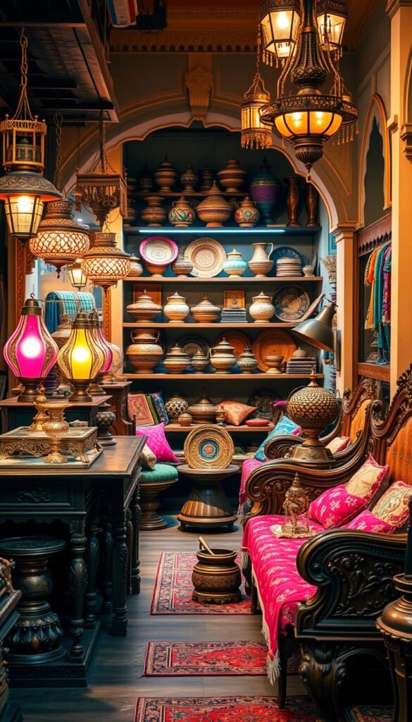 A vibrant online marketplace showcasing the rich tapestry of authentic Indian home decor. In the foreground, an array of intricately carved wooden furniture, intricate brass and copper lamps, and vibrant textiles in a kaleidoscope of colors. In the middle ground, shelves displaying handcrafted ceramics, woven baskets, and embroidered cushions. The background features a warm, softly lit setting, hinting at the traditional architectural elements of an Indian home, such as ornate archways and carved window frames. The overall atmosphere evokes a sense of cultural heritage, craftsmanship, and the allure of bringing the essence of India into one's living space. A vibrant online marketplace showcasing the rich tapestry of authentic Indian home decor. In the foreground, an array of intricately carved wooden furniture, intricate brass and copper lamps, and vibrant textiles in a kaleidoscope of colors. In the middle ground, shelves displaying handcrafted ceramics, woven baskets, and embroidered cushions. The background features a warm, softly lit setting, hinting at the traditional architectural elements of an Indian home, such as ornate archways and carved window frames. The overall atmosphere evokes a sense of cultural heritage, craftsmanship, and the allure of bringing the essence of India into one's living space.