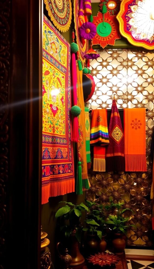 A vibrant, richly textured Indian wall decor scene, showcasing an array of traditional artistic elements. In the foreground, a series of intricately carved wooden panels adorned with intricate floral and geometric patterns, casting warm, soft lighting across the space. In the middle ground, a collection of colorful handwoven tapestries and wall hangings, their vibrant hues and intricate embroidery adding depth and visual interest. In the background, a mosaic of mirrored tiles and inlaid stone work, reflecting the light and creating an enchanting, kaleidoscopic effect. The overall atmosphere is one of cultural heritage, craftsmanship, and a celebration of India's vibrant artistic traditions. A vibrant, richly textured Indian wall decor scene, showcasing an array of traditional artistic elements. In the foreground, a series of intricately carved wooden panels adorned with intricate floral and geometric patterns, casting warm, soft lighting across the space. In the middle ground, a collection of colorful handwoven tapestries and wall hangings, their vibrant hues and intricate embroidery adding depth and visual interest. In the background, a mosaic of mirrored tiles and inlaid stone work, reflecting the light and creating an enchanting, kaleidoscopic effect. The overall atmosphere is one of cultural heritage, craftsmanship, and a celebration of India's vibrant artistic traditions.