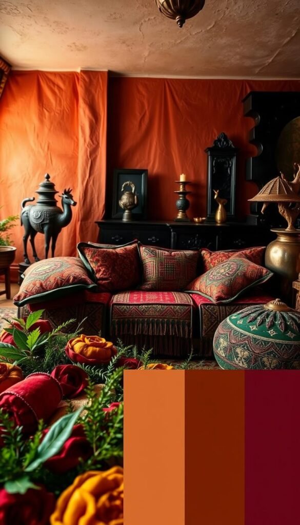 A vibrant, richly-textured color palette inspired by global ethnic design aesthetics. In the foreground, a mix of bold, saturated hues - deep ochres, terracotta reds, and earthy greens - evoke the warmth and vibrancy of ancient spice markets. The middle ground features intricate, patterned textiles in jewel-toned hues, layered to create a cozy, layered look. In the background, shadowy silhouettes of carved wooden furniture and metallic accents glimmer under soft, diffused lighting, evoking an intimate, moody atmosphere. The overall scene radiates a sense of cultural richness and timeless, global style. A vibrant, richly-textured color palette inspired by global ethnic design aesthetics. In the foreground, a mix of bold, saturated hues - deep ochres, terracotta reds, and earthy greens - evoke the warmth and vibrancy of ancient spice markets. The middle ground features intricate, patterned textiles in jewel-toned hues, layered to create a cozy, layered look. In the background, shadowy silhouettes of carved wooden furniture and metallic accents glimmer under soft, diffused lighting, evoking an intimate, moody atmosphere. The overall scene radiates a sense of cultural richness and timeless, global style.