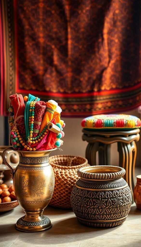 A vibrant still life arrangement of traditional Indian decorative crafts, bathed in warm, diffused lighting. In the foreground, an ornate brass vase with intricate engraved patterns, filled with an array of colorful textiles, beaded jewelry, and delicate handmade ceramic pieces. The middle ground features a carved wooden stool with a vibrant woven cushion, alongside a cluster of woven baskets in earthy tones. In the background, a richly patterned tapestry or textile hangs, casting a soft, textured glow over the scene. The overall mood is one of artisanal elegance, highlighting the skilled craftsmanship and vibrant palette of Indian design. A vibrant still life arrangement of traditional Indian decorative crafts, bathed in warm, diffused lighting. In the foreground, an ornate brass vase with intricate engraved patterns, filled with an array of colorful textiles, beaded jewelry, and delicate handmade ceramic pieces. The middle ground features a carved wooden stool with a vibrant woven cushion, alongside a cluster of woven baskets in earthy tones. In the background, a richly patterned tapestry or textile hangs, casting a soft, textured glow over the scene. The overall mood is one of artisanal elegance, highlighting the skilled craftsmanship and vibrant palette of Indian design.