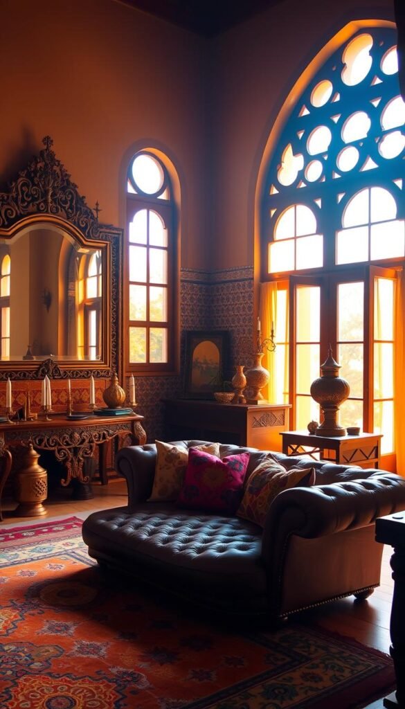 A vibrant, sun-drenched Moroccan-inspired interior, bathed in warm, golden light filtering through ornate, arched windows. In the foreground, an intricately patterned area rug in earthy tones anchors the space, complemented by a low, tufted leather sofa adorned with plush, colorful pillows. Brass lanterns and candelabras cast a soft, flickering glow, while a large, ornate mirror on the wall reflects the scene, adding depth and grandeur. In the middle ground, a carved, wooden side table supports a display of decorative vases, trays, and metallic accents, creating a harmonious blend of textures and hues. The background features richly-colored, patterned tiles covering the walls, evoking the timeless elegance of Moroccan design. The overall atmosphere is one of warmth, comfort, and a touch of exotic sophistication. A vibrant, sun-drenched Moroccan-inspired interior, bathed in warm, golden light filtering through ornate, arched windows. In the foreground, an intricately patterned area rug in earthy tones anchors the space, complemented by a low, tufted leather sofa adorned with plush, colorful pillows. Brass lanterns and candelabras cast a soft, flickering glow, while a large, ornate mirror on the wall reflects the scene, adding depth and grandeur. In the middle ground, a carved, wooden side table supports a display of decorative vases, trays, and metallic accents, creating a harmonious blend of textures and hues. The background features richly-colored, patterned tiles covering the walls, evoking the timeless elegance of Moroccan design. The overall atmosphere is one of warmth, comfort, and a touch of exotic sophistication.