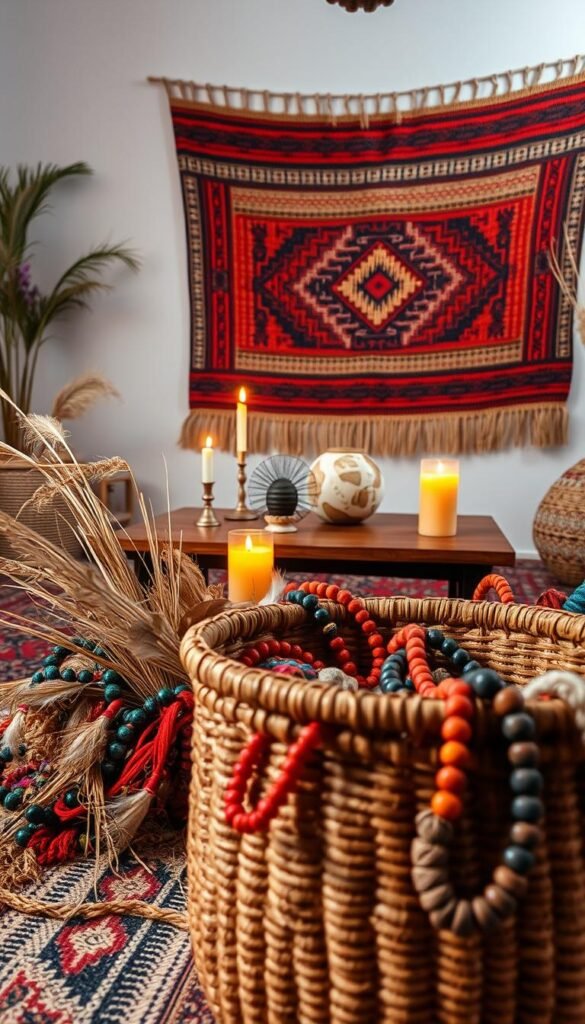 A vividly colorful and textured Afrohemian decor scene. In the foreground, an ornate hand-woven basket overflows with vibrant textiles, beaded jewelry, and natural elements like dried grasses and feathers. The middle ground features a low wooden table topped with an abstract ceramic vase, an intricately patterned rug, and strategically placed candles casting a warm, earthy glow. In the background, a wall adorned with a large woven tapestry in rich hues and tribal motifs. Soft, diffused lighting illuminates the entire setting, evoking a cozy, lived-in ambiance. The overall atmosphere is one of cultural richness, artisanal craftsmanship, and effortless bohemian elegance. A vividly colorful and textured Afrohemian decor scene. In the foreground, an ornate hand-woven basket overflows with vibrant textiles, beaded jewelry, and natural elements like dried grasses and feathers. The middle ground features a low wooden table topped with an abstract ceramic vase, an intricately patterned rug, and strategically placed candles casting a warm, earthy glow. In the background, a wall adorned with a large woven tapestry in rich hues and tribal motifs. Soft, diffused lighting illuminates the entire setting, evoking a cozy, lived-in ambiance. The overall atmosphere is one of cultural richness, artisanal craftsmanship, and effortless bohemian elegance.