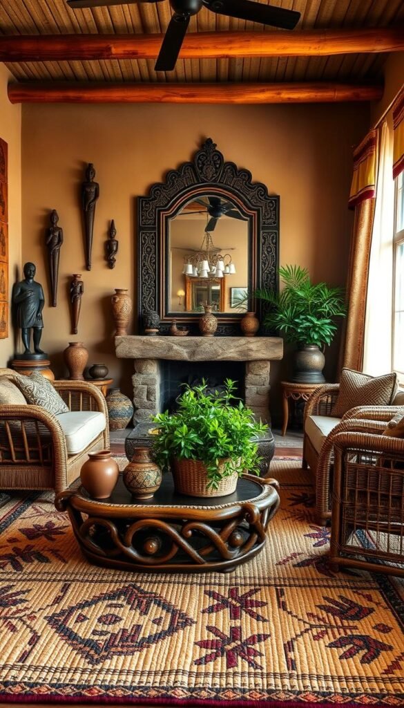 A warm, inviting African-inspired living room. The space is filled with earthy tones, rich textures, and vibrant patterns. In the foreground, a plush, hand-woven area rug covers the floor, its intricate tribal motifs anchoring the design. Surrounding it, a low, carved wooden coffee table is adorned with decorative clay pots and a woven basket overflowing with lush greenery. Against the back wall, a large, ornately framed mirror reflects the natural light streaming in through sheer, embroidered curtains. Rattan and wicker furnishings, including a comfortable sofa and armchair, create a cozy seating area. Accent pieces, such as carved wooden statues, beaded wall hangings, and a stone fireplace, add layers of cultural richness. The overall atmosphere is one of warmth, authenticity, and a celebration of African artistic heritage. A warm, inviting African-inspired living room. The space is filled with earthy tones, rich textures, and vibrant patterns. In the foreground, a plush, hand-woven area rug covers the floor, its intricate tribal motifs anchoring the design. Surrounding it, a low, carved wooden coffee table is adorned with decorative clay pots and a woven basket overflowing with lush greenery. Against the back wall, a large, ornately framed mirror reflects the natural light streaming in through sheer, embroidered curtains. Rattan and wicker furnishings, including a comfortable sofa and armchair, create a cozy seating area. Accent pieces, such as carved wooden statues, beaded wall hangings, and a stone fireplace, add layers of cultural richness. The overall atmosphere is one of warmth, authenticity, and a celebration of African artistic heritage.