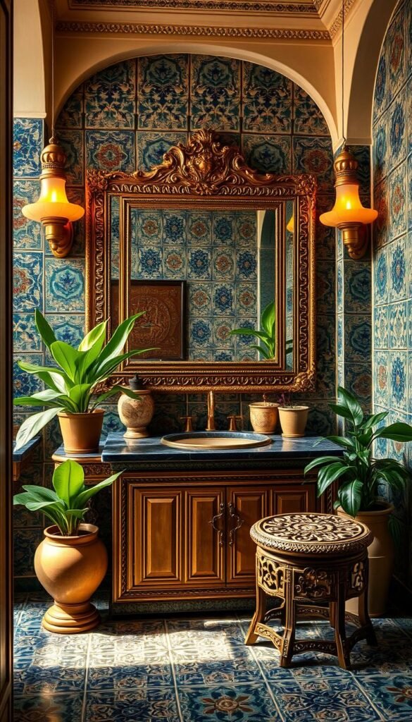 A warm, inviting Moroccan bathroom with intricate tile patterns in deep, jewel-toned hues of blue, green, and ochre. Ornate brass fixtures and a large, antique-style mirror frame the vanity. Lush potted plants and an intricately carved wooden stool create a cozy, spa-like ambiance. Soft, diffused lighting casts a golden glow, enhancing the rich textures and colors. The background features an ornate, patterned tile wall, transporting the viewer to a serene oasis in the heart of Marrakech. A warm, inviting Moroccan bathroom with intricate tile patterns in deep, jewel-toned hues of blue, green, and ochre. Ornate brass fixtures and a large, antique-style mirror frame the vanity. Lush potted plants and an intricately carved wooden stool create a cozy, spa-like ambiance. Soft, diffused lighting casts a golden glow, enhancing the rich textures and colors. The background features an ornate, patterned tile wall, transporting the viewer to a serene oasis in the heart of Marrakech.
