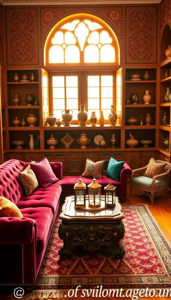 A warm, inviting Moroccan-inspired living room, filled with intricate patterns and rich colors. In the foreground, a plush, tufted velvet sofa in a deep burgundy hue, complemented by decorative throw pillows in vibrant shades of fuchsia, saffron, and emerald green. Beside it, a carved, wooden coffee table with a glass top, adorned with a decorative tray and brass lanterns. In the middle ground, a hand-woven Beni Ourain rug in an abstract, geometric design, covering the hardwood floor. Against the walls, built-in shelves display an array of ornate vases, pottery, and brass trinkets. The background features ornate, arched windows that let in warm, golden natural light, casting a soft, ambient glow throughout the space. The overall mood is one of cultural richness, comfort, and relaxation. A warm, inviting Moroccan-inspired living room, filled with intricate patterns and rich colors. In the foreground, a plush, tufted velvet sofa in a deep burgundy hue, complemented by decorative throw pillows in vibrant shades of fuchsia, saffron, and emerald green. Beside it, a carved, wooden coffee table with a glass top, adorned with a decorative tray and brass lanterns. In the middle ground, a hand-woven Beni Ourain rug in an abstract, geometric design, covering the hardwood floor. Against the walls, built-in shelves display an array of ornate vases, pottery, and brass trinkets. The background features ornate, arched windows that let in warm, golden natural light, casting a soft, ambient glow throughout the space. The overall mood is one of cultural richness, comfort, and relaxation.