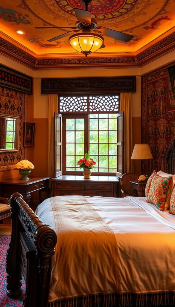 A well-appointed Indian bedroom with ornate wooden furniture, intricate tapestries, and vibrant textiles. Warm ambient lighting casts a golden glow, highlighting the intricate designs and patterns. In the foreground, a large, ornate wooden bed with plush linens and colorful throw pillows. On the walls, hang traditional Indian artwork and mirrors with intricate metal frames. The middle ground features a wooden dresser with delicate carvings and a vase of fresh flowers. The background showcases a window with intricate lattice work, revealing a glimpse of a lush, verdant garden outside. The overall atmosphere is one of serene, inviting comfort, blending traditional Indian design elements with a modern, sophisticated sensibility. A well-appointed Indian bedroom with ornate wooden furniture, intricate tapestries, and vibrant textiles. Warm ambient lighting casts a golden glow, highlighting the intricate designs and patterns. In the foreground, a large, ornate wooden bed with plush linens and colorful throw pillows. On the walls, hang traditional Indian artwork and mirrors with intricate metal frames. The middle ground features a wooden dresser with delicate carvings and a vase of fresh flowers. The background showcases a window with intricate lattice work, revealing a glimpse of a lush, verdant garden outside. The overall atmosphere is one of serene, inviting comfort, blending traditional Indian design elements with a modern, sophisticated sensibility.