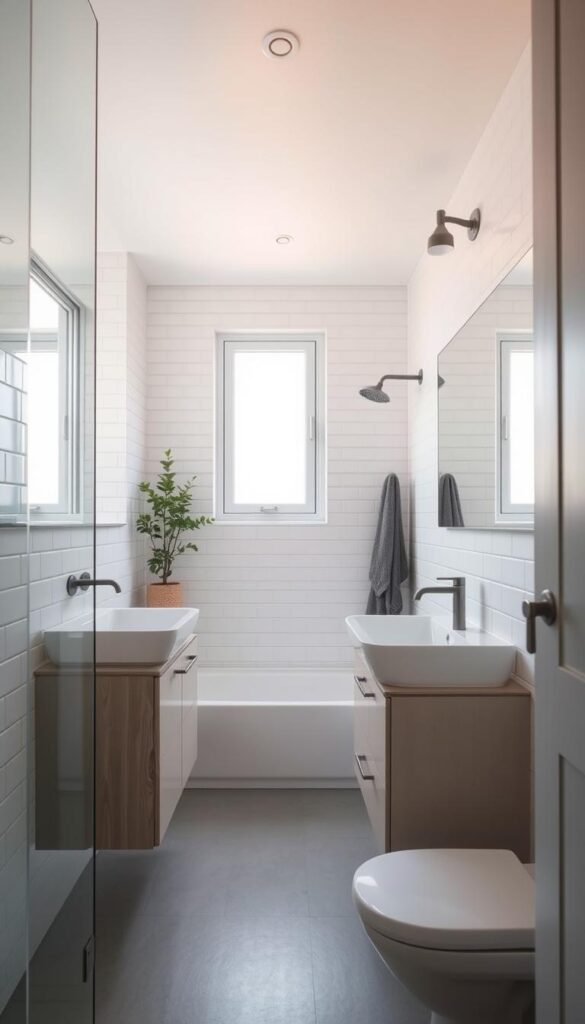 A well-designed small bathroom with modern minimalist fixtures and fittings. The space is filled with natural light streaming through a large window, casting a warm, inviting glow. Sleek white subway tiles line the walls, complemented by muted gray accents and a floating vanity with ample storage. A large mirror expands the sense of space, while a small potted plant adds a touch of greenery. The overall atmosphere is one of calm, zen-like serenity, perfect for a cozy and relaxing bathing experience.