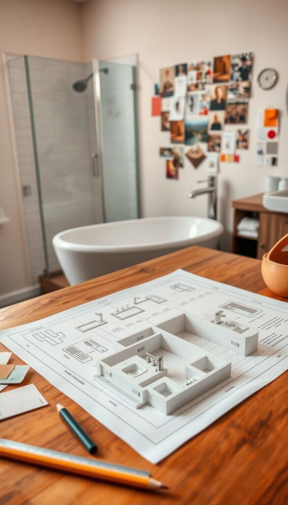 A well-lit and organized bathroom with a detailed floor plan and design sketches laid out on a wooden table. The foreground features various planning tools such as a ruler, pencil, and swatch samples. The middle ground showcases a 3D model of the bathroom layout, with fixtures and finishes highlighted. The background has inspirational mood boards, color palettes, and magazine clippings pinned to a wall, providing a sense of the homeowner's design vision. The overall atmosphere is one of focused, methodical planning, with a touch of creativity and anticipation for the upcoming remodel project.