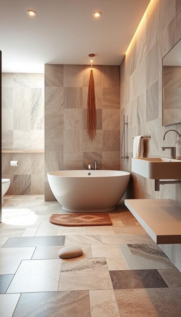 A well-lit bathroom interior featuring an elegant tile selection displayed on the floor and walls. The tiles are arranged in a visually appealing pattern, showcasing a variety of textures, colors, and shapes that seamlessly blend together to create a cohesive, high-end aesthetic. The lighting, both natural and artificial, casts a warm and inviting glow, accentuating the intricate details of the tiles. The overall composition emphasizes the thoughtful and intentional design choices, making the space feel both luxurious and comfortable. The image captures the essence of transforming a bathroom into a cozy and inviting space through the careful selection of tiles. A well-lit bathroom interior featuring an elegant tile selection displayed on the floor and walls. The tiles are arranged in a visually appealing pattern, showcasing a variety of textures, colors, and shapes that seamlessly blend together to create a cohesive, high-end aesthetic. The lighting, both natural and artificial, casts a warm and inviting glow, accentuating the intricate details of the tiles. The overall composition emphasizes the thoughtful and intentional design choices, making the space feel both luxurious and comfortable. The image captures the essence of transforming a bathroom into a cozy and inviting space through the careful selection of tiles.
