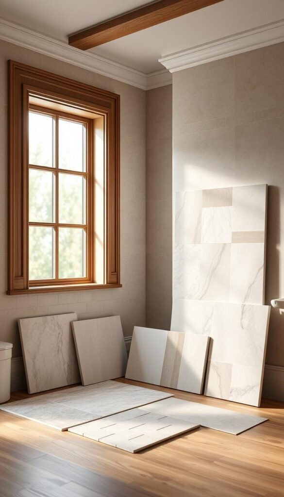 A well-lit bathroom interior with a selection of high-quality tiles displayed on a wooden surface. The tiles showcase a variety of textures, patterns, and colors, including classic subway tiles, natural stone, and modern, minimalist designs. The tiles are arranged in an aesthetically pleasing layout, allowing the viewer to envision how they would look in a real bathroom setting. The image has a warm, inviting atmosphere, with soft, natural lighting filtering in through a window, casting a gentle glow on the tiles. The overall composition emphasizes the importance of tile selection in creating a cohesive and visually appealing bathroom space.