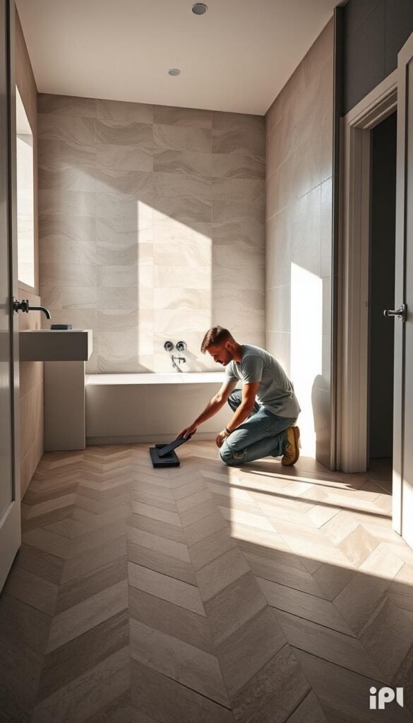 A well-lit bathroom interior with a tile installation in progress. A tiler carefully laying out large, high-quality porcelain tiles in a herringbone pattern on the floor. The tiles have a natural stone-like texture and muted, earthy colors that complement the bathroom's minimalist design. The tiler wears knee pads and uses a tile cutter and rubber grout float to ensure a precise, professional finish. Soft shadows cast by the overhead lighting create depth and dimension. The scene conveys a sense of expertise, care, and the satisfying process of creating a beautiful, functional bathroom.