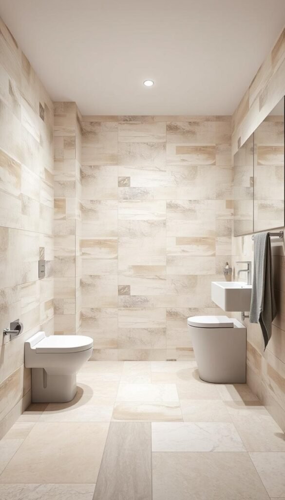 A well-lit bathroom interior with a variety of budget-friendly tile options covering the floor and walls. The tiles showcase a range of neutral tones such as beige, grey, and white, with some subtle textural patterns for visual interest. The lighting is bright and even, accentuating the clean, minimalist aesthetic. The composition features a close-up view of the tiled surfaces, allowing the viewer to appreciate the quality and affordability of the materials. The overall mood is one of simplicity, practicality, and value-for-money.