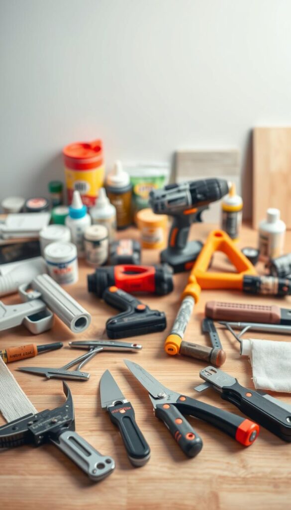 A well-lit, close-up shot of an assortment of DIY bathroom remodeling tools arranged neatly on a plain wooden surface. In the foreground, a variety of hand tools such as a caulk gun, putty knife, utility knife, and sandpaper. In the middle ground, power tools like a cordless drill, oscillating multi-tool, and drywall saw. In the background, a selection of essential materials like caulk, sealant, grout, and tiles. The lighting is soft and diffused, creating a warm, inviting atmosphere. The overall composition is clean, organized, and showcases the essential items needed for a successful DIY bathroom remodel.