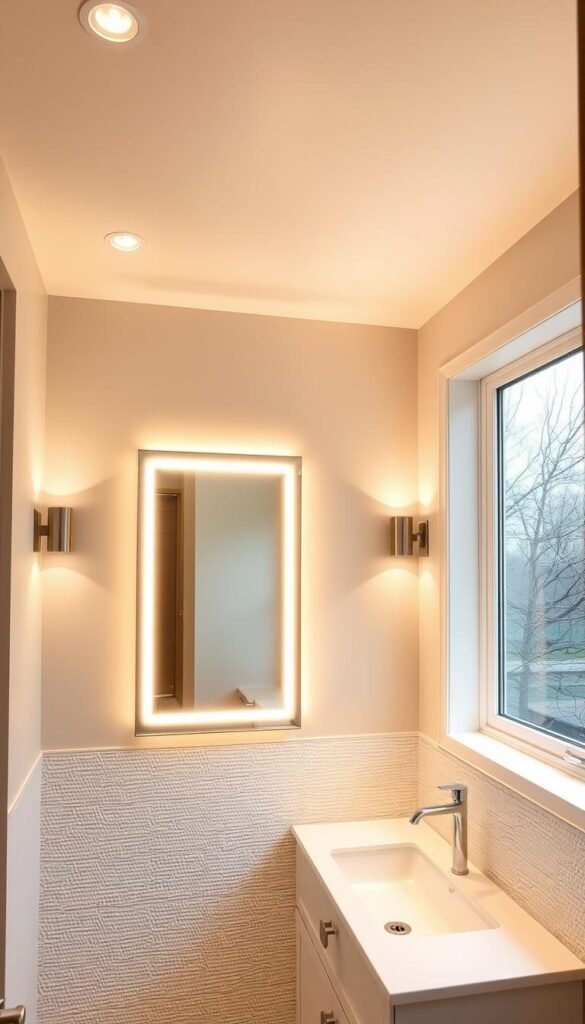A well-lit guest bathroom with a modern, minimalist design. The room is bathed in a warm, ambient glow from recessed ceiling lights, creating a cozy and inviting atmosphere. The vanity area features a sleek, backlit mirror that casts a soft, even light across the countertop. Sconces on the walls provide additional illumination, highlighting the textured tiles and adding depth to the space. Large windows allow natural light to filter in, creating a bright and airy feel. The overall lighting scheme is designed to be both functional and visually appealing, perfectly complementing the guest bathroom's elegant and refined aesthetic. A well-lit guest bathroom with a modern, minimalist design. The room is bathed in a warm, ambient glow from recessed ceiling lights, creating a cozy and inviting atmosphere. The vanity area features a sleek, backlit mirror that casts a soft, even light across the countertop. Sconces on the walls provide additional illumination, highlighting the textured tiles and adding depth to the space. Large windows allow natural light to filter in, creating a bright and airy feel. The overall lighting scheme is designed to be both functional and visually appealing, perfectly complementing the guest bathroom's elegant and refined aesthetic.