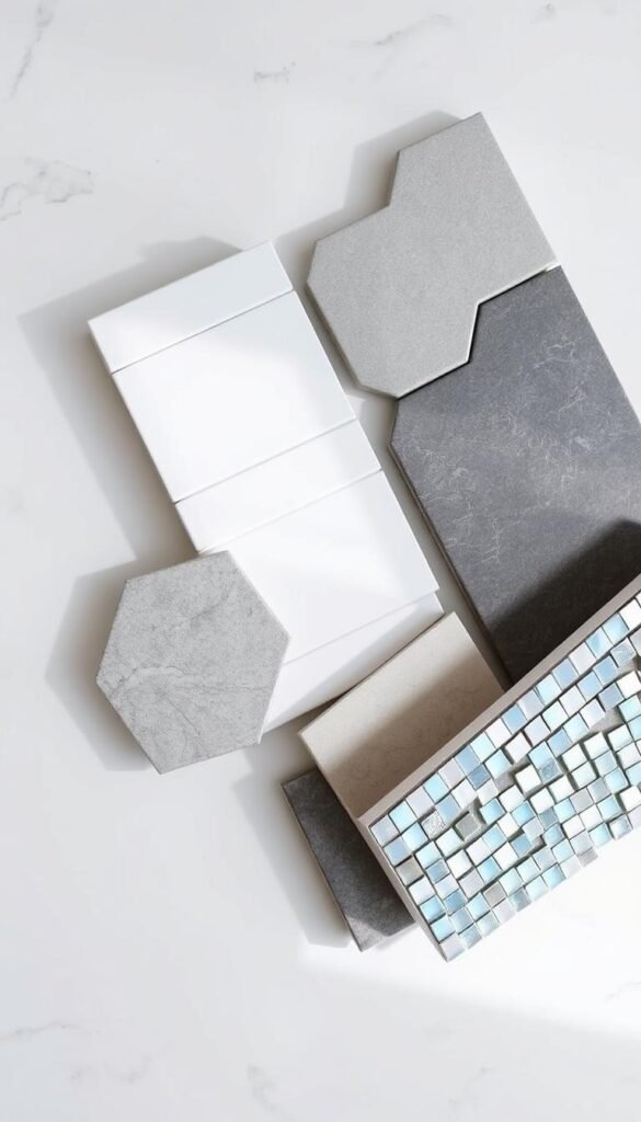 A well-lit, high-angle view of a variety of bathroom tile materials arranged artfully on a clean, neutral surface. The tiles include glossy subway tiles in classic white, matte gray hexagonal tiles, natural stone tiles with subtle veining, and iridescent mosaic tiles in shimmering blues and greens. The tiles are positioned to showcase their unique textures, patterns, and colors, creating an inviting and aspirational display. The lighting is soft and diffused, highlighting the depth and nuance of each material. The overall mood is one of serene sophistication, hinting at the transformative potential of these tiles to elevate a bathroom space. A well-lit, high-angle view of a variety of bathroom tile materials arranged artfully on a clean, neutral surface. The tiles include glossy subway tiles in classic white, matte gray hexagonal tiles, natural stone tiles with subtle veining, and iridescent mosaic tiles in shimmering blues and greens. The tiles are positioned to showcase their unique textures, patterns, and colors, creating an inviting and aspirational display. The lighting is soft and diffused, highlighting the depth and nuance of each material. The overall mood is one of serene sophistication, hinting at the transformative potential of these tiles to elevate a bathroom space.
