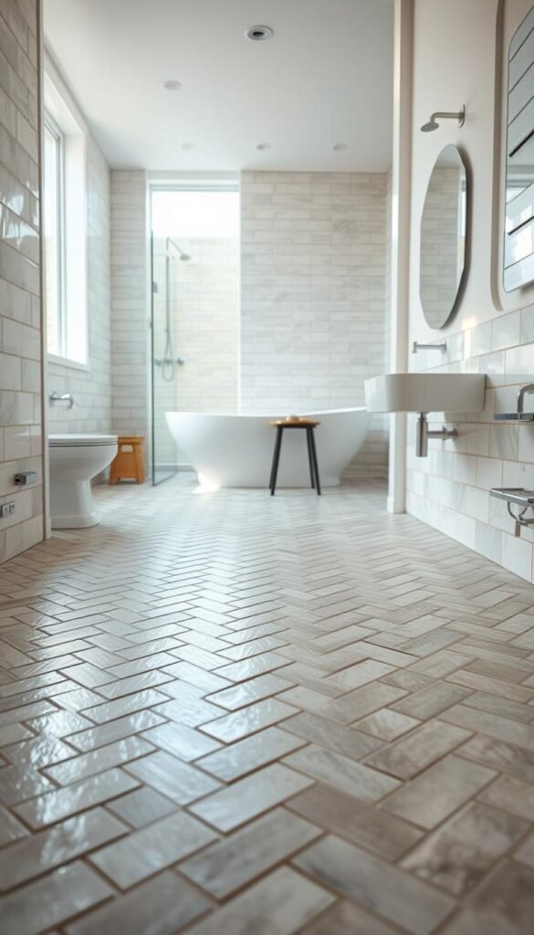 A well-lit, high-resolution bathroom interior with a focus on the tile installation process. The foreground showcases a tiled floor with intricate herringbone or subway patterns, the tiles glistening with a subtle sheen. The middle ground features a partially tiled wall, exposing the installation steps - troweling adhesive, laying tiles, and grouting. The background reveals a modern, minimalist bathroom design with clean lines, natural lighting, and a sense of tranquility. The overall mood is one of professionalism, attention to detail, and a commitment to creating a beautiful, long-lasting bathroom space. A well-lit, high-resolution bathroom interior with a focus on the tile installation process. The foreground showcases a tiled floor with intricate herringbone or subway patterns, the tiles glistening with a subtle sheen. The middle ground features a partially tiled wall, exposing the installation steps - troweling adhesive, laying tiles, and grouting. The background reveals a modern, minimalist bathroom design with clean lines, natural lighting, and a sense of tranquility. The overall mood is one of professionalism, attention to detail, and a commitment to creating a beautiful, long-lasting bathroom space.