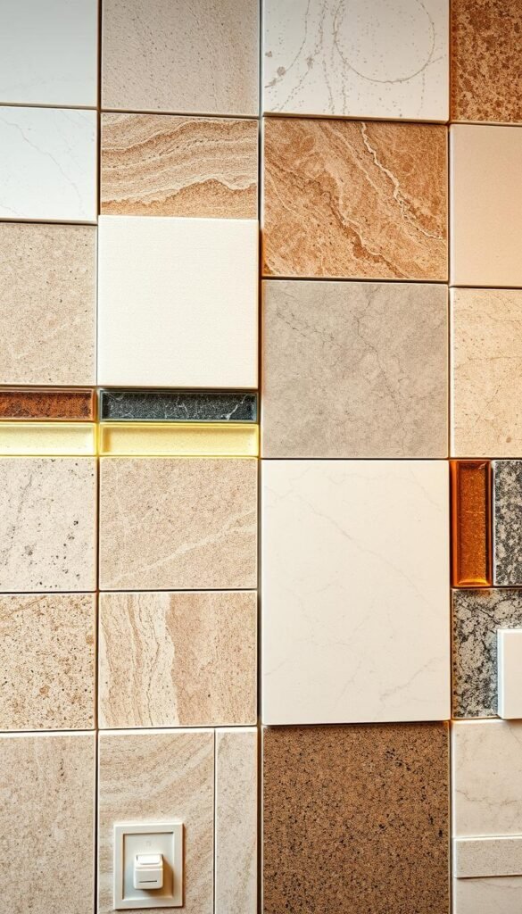 A well-lit, high-resolution close-up photograph of various bathroom tile materials, including ceramic, porcelain, natural stone, and glass tiles. The tiles are arranged in an organized display, showcasing their diverse textures, colors, and patterns. The lighting is soft and diffused, highlighting the nuances and sheen of the tile surfaces. The camera angle is slightly elevated, providing a comprehensive view of the tiles while maintaining a clean, professional appearance. The background is subtly blurred, keeping the focus on the tiles and their unique properties.